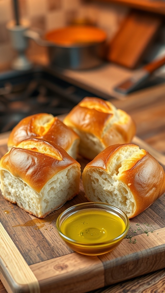 Homemade Mini Loaves of Bread Recipe Four golden mini loaves of bread on a wooden board with olive oil and herbs.